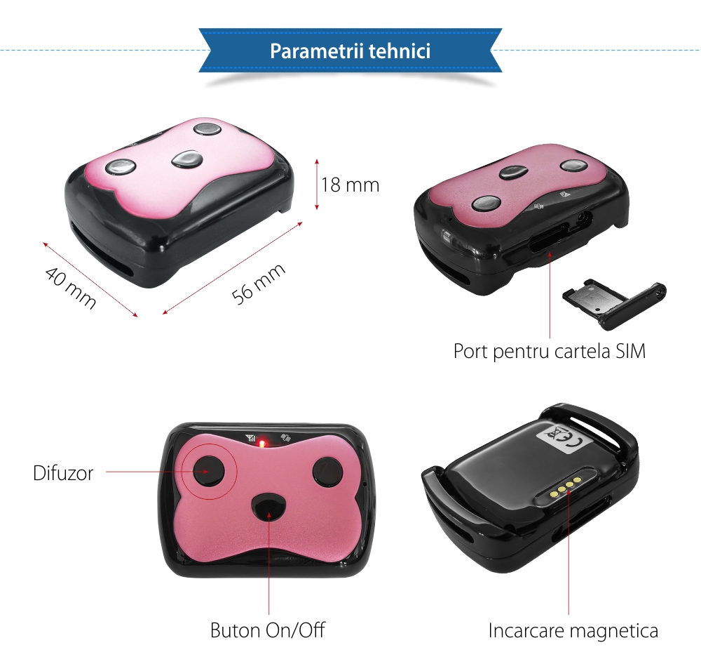 Zgarda cu Localizare GPS Pentru Animale Wonlex PT-02C, Baterie 680 mAh, Control aplicatie, Roz