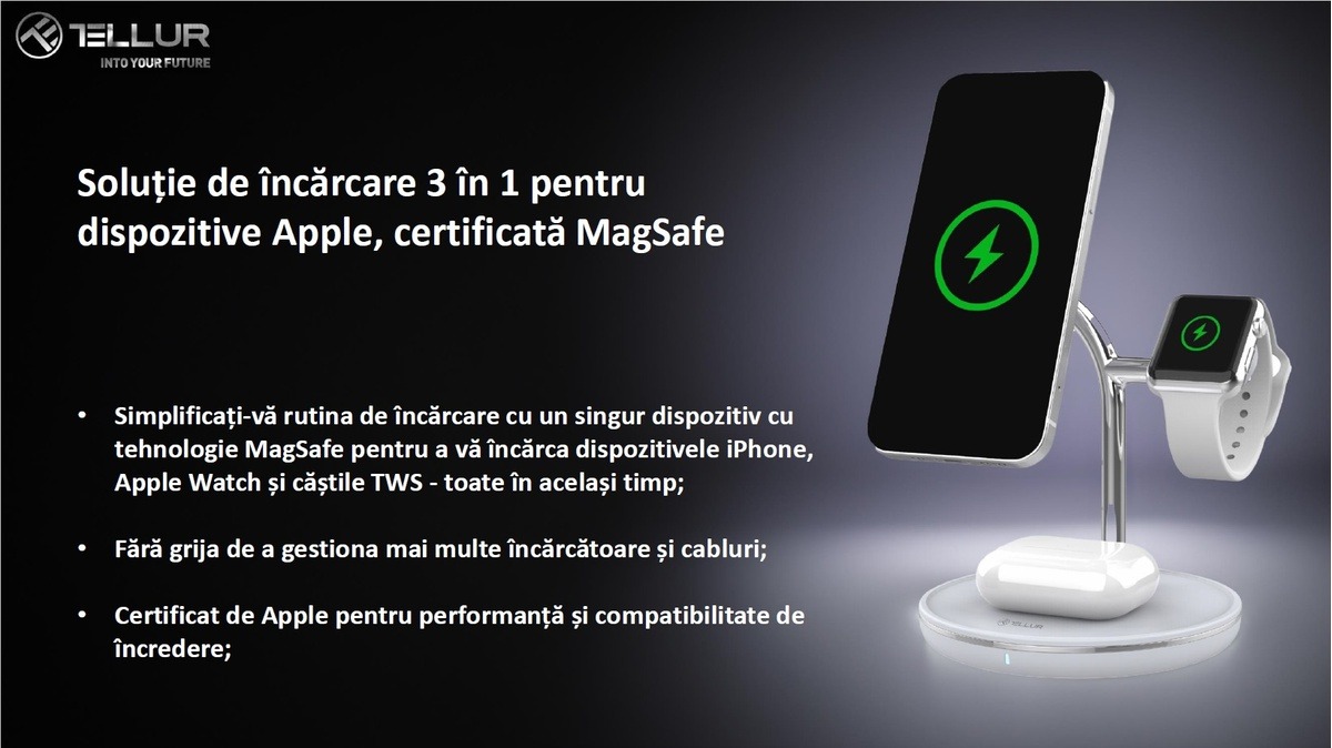 Incarcator Wireless Tellur 3-in-1, MFI, certificat MagSafe 15W, pentru iPhone, Apple Watch, AirPods