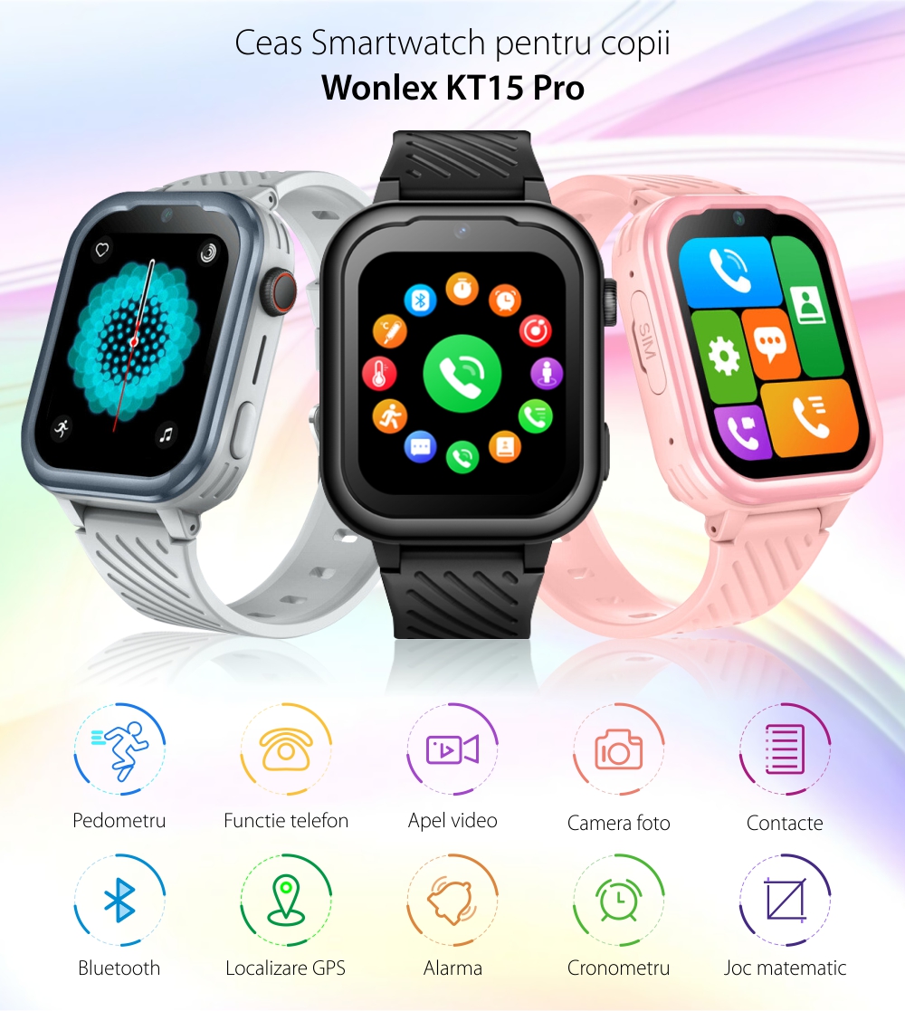 Ceas Smartwatch Pentru Copii Wonlex KT15 Pro cu Functie Telefon, Contacte, Apel video, Istoric, Pedometru, Alarma, Magazin aplicatii, Negru