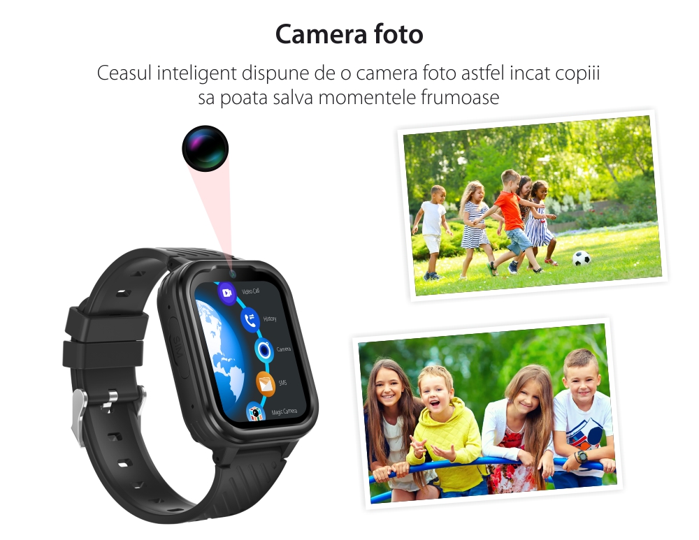 Ceas Smartwatch Pentru Copii Wonlex KT15 Pro cu Functie Telefon, Contacte, Apel video, Istoric, Pedometru, Alarma, Magazin aplicatii, Negru