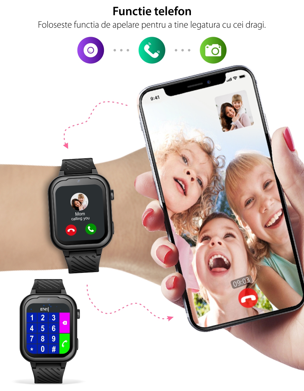 Ceas Smartwatch Pentru Copii Wonlex KT15 Pro cu Functie Telefon, Contacte, Apel video, Istoric, Pedometru, Alarma, Magazin aplicatii, Negru