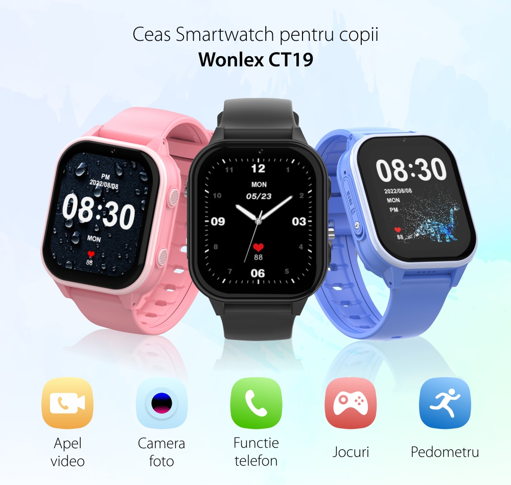 Ceas Smartwatch Pentru Copii Wonlex CT19 cu Functie telefon, Localizare GPS, Pedometru, Apel Video, Jocuri, Albastru