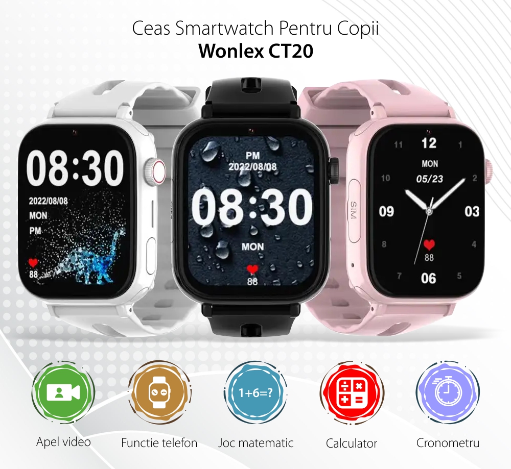 Ceas Smartwatch Pentru Copii Wonlex CT20 cu Functie telefon, Localizare GPS, Pedometru, Camera, Apel video, Jocuri, Alb