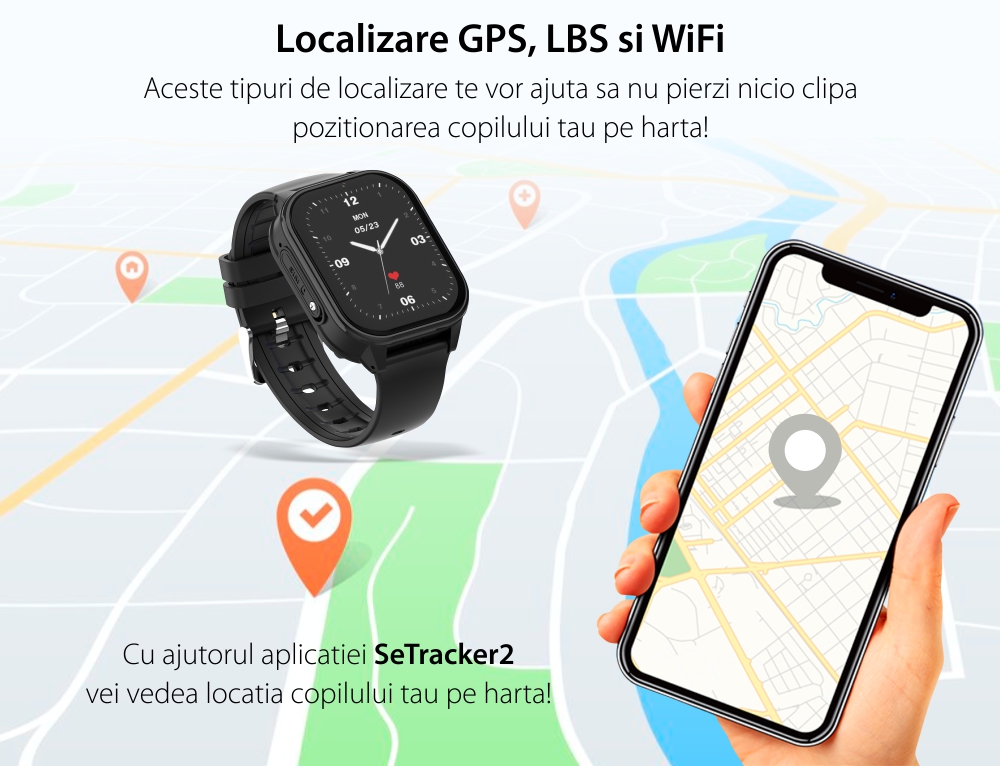 Ceas Smartwatch Pentru Copii Wonlex CT19 cu Functie telefon, Localizare GPS, Pedometru, Apel Video, Jocuri, Negru