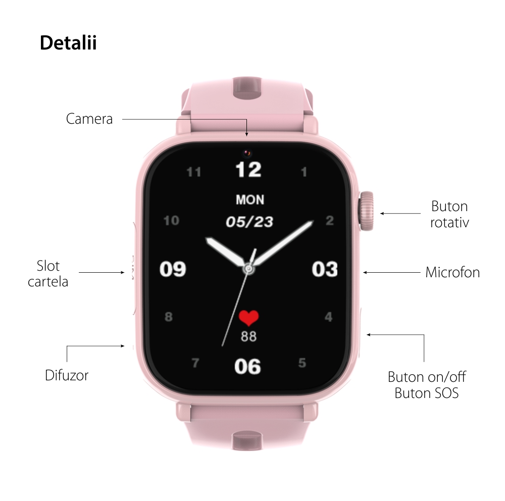 Ceas Smartwatch Pentru Copii Wonlex CT20 cu Functie telefon, Localizare GPS, Pedometru, Camera, Apel video, Jocuri, Negru