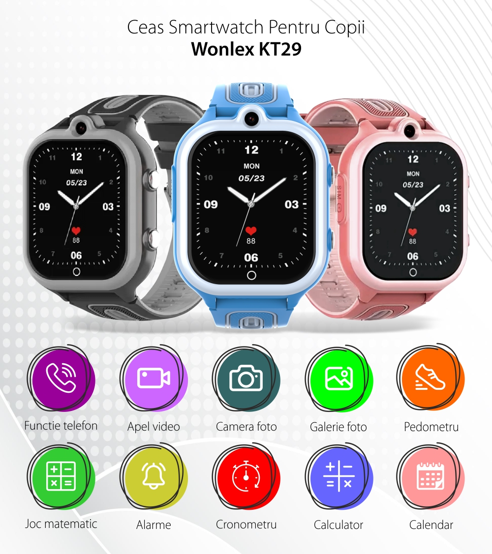 Ceas Smartwatch Pentru Copii Wonlex Wonlex KT29 cu Functie Telefon, Contacte, Wi-Fi, Bluetooth, Istoric apeluri, Camera, 4G, Albastru