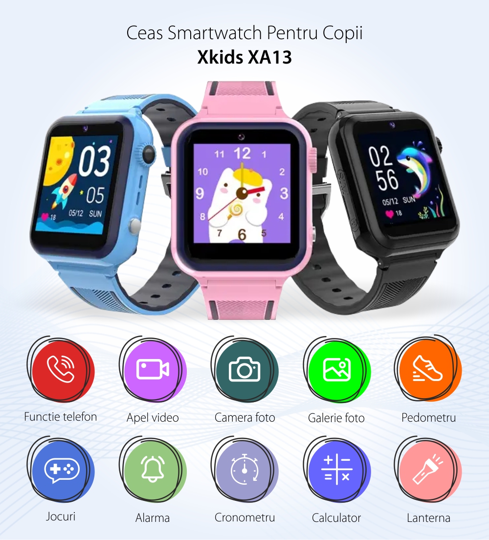 Ceas Smartwatch Pentru Copii Xkids XA13 cu Functie Telefon, Apel Video, Contacte, Jocuri, Pedometru, Roz