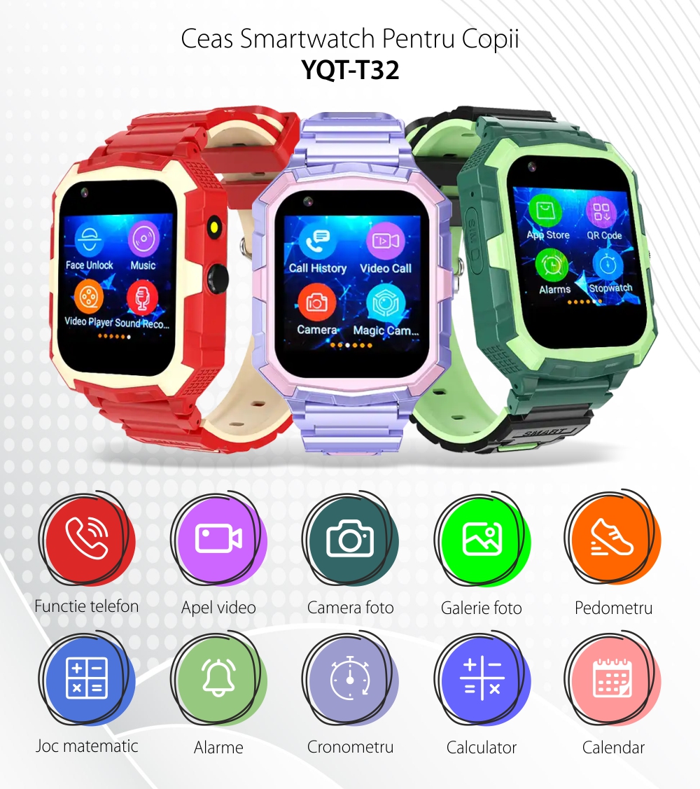 Ceas Smartwatch Pentru Copii YQT T32 cu Functie Telefon, Cartela SIM, Istoric, Camera, Magazin aplicatii, Rosu