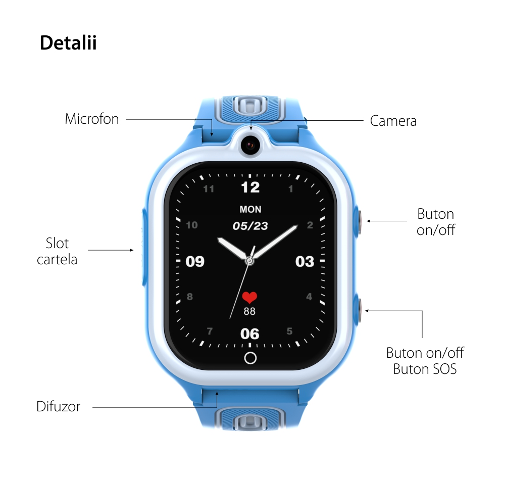 Ceas Smartwatch Pentru Copii Wonlex Wonlex KT29 cu Functie Telefon, Contacte, Wi-Fi, Bluetooth, Istoric apeluri, Camera, 4G, Albastru