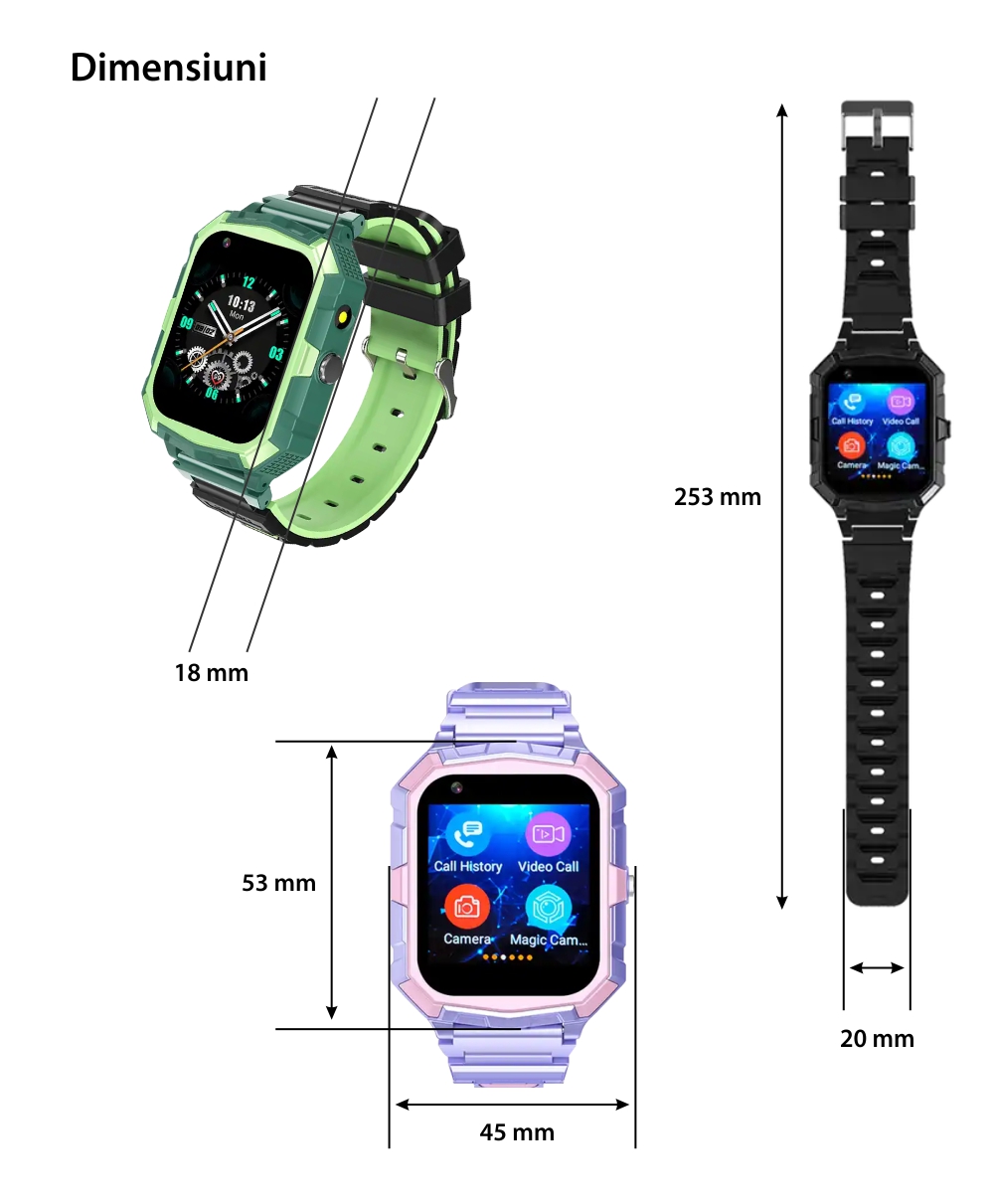 Ceas Smartwatch Pentru Copii YQT T32 cu Functie Telefon, Cartela SIM, Istoric, Camera, Magazin aplicatii, Mov