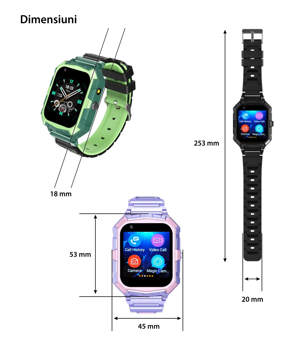 Ceas Smartwatch Pentru Copii YQT T32 cu Functie Telefon, Cartela SIM, Istoric, Camera, Magazin aplicatii, Verde