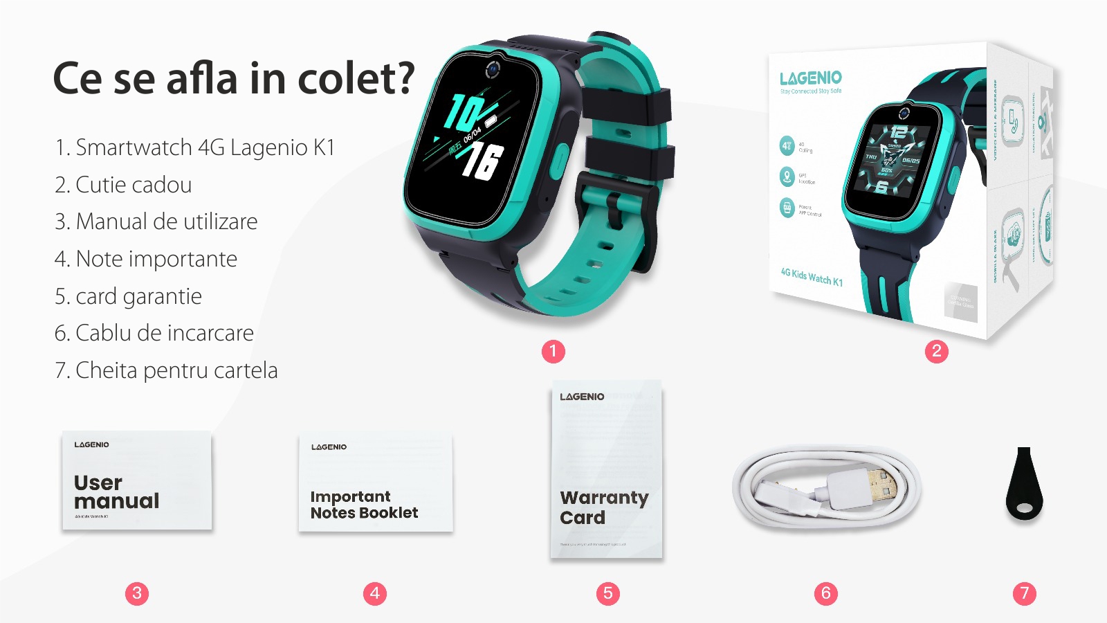 Ceas Smartwatch Pentru Copii LAGENIO K1 cu Functie Telefon, Model 2024, Premium, Autonomie 3 Zile, Conexiune 4G, GPS, Tracker & Control Parental, Cyan