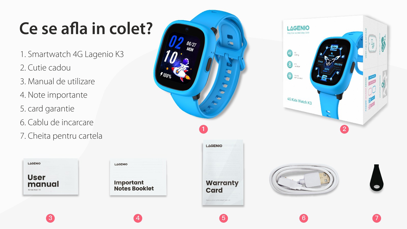 Ceas Smartwatch Pentru Copii LAGENIO K3 cu Functie Telefon, Model 2024, Premium, Monitorizare Sanatate, Conexiune 4G, Albastru