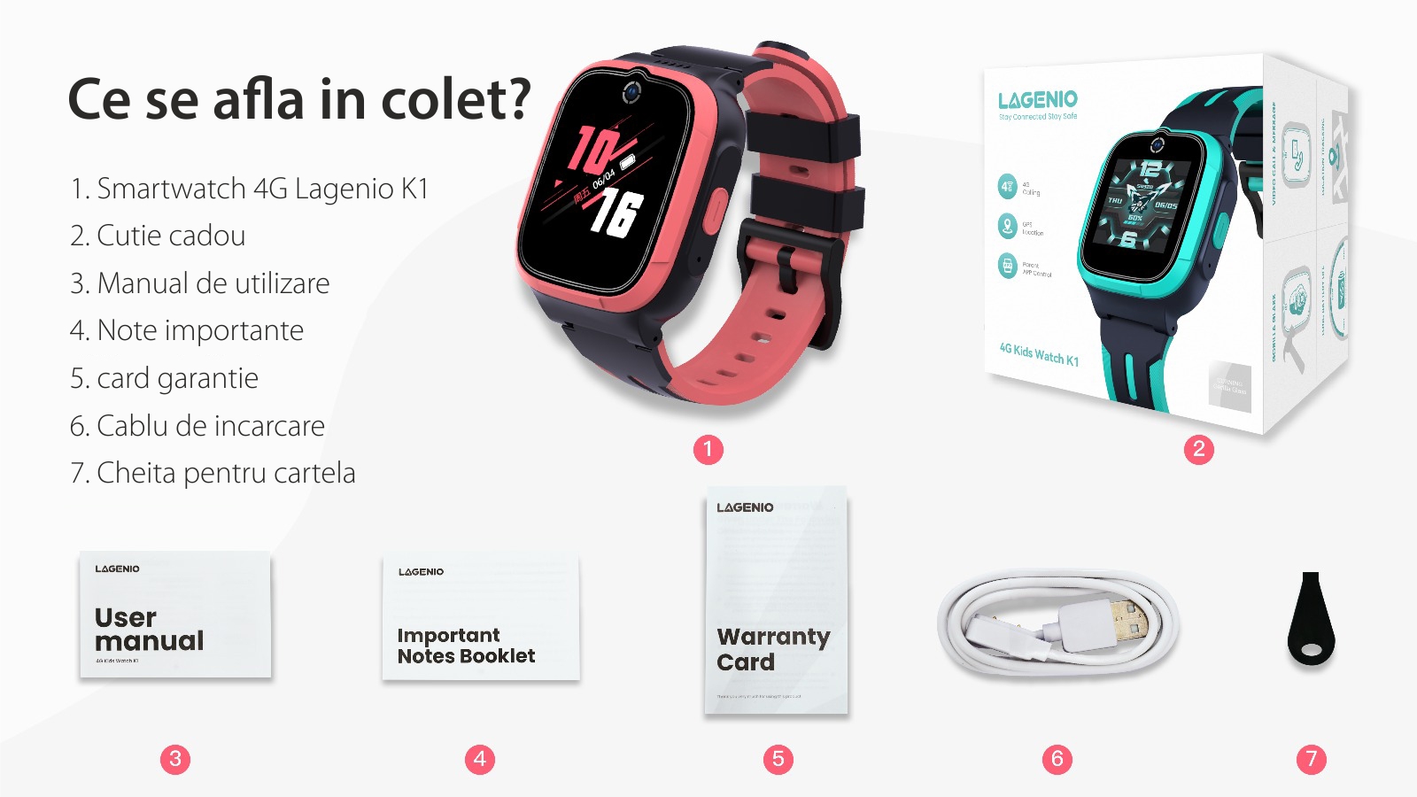 Ceas Smartwatch Pentru Copii LAGENIO K1, Model 2024, Premium, cu Functie Telefon, Autonomie 3 Zile, Conexiune 4G, GPS, Tracker & Control Parental, Roz