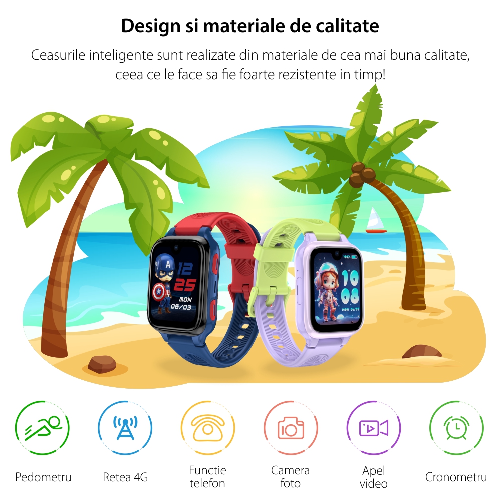 Ceas Smartwatch Pentru Copii LAGENIO K9, Model 2025, Premium 4G cu Functie Telefon & AI, Slim, Localizare GPS, Control Parental, Buton SOS, Mov