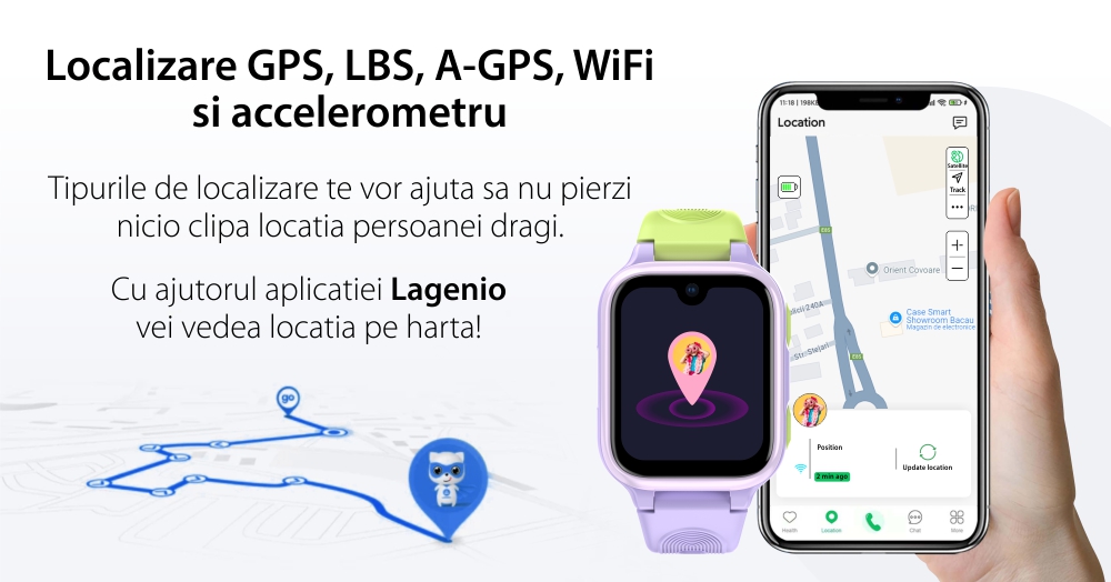 Ceas Smartwatch Pentru Copii LAGENIO K9, Model 2025, Premium 4G cu Functie Telefon & AI, Slim, Localizare GPS, Control Parental, Buton SOS, Mov