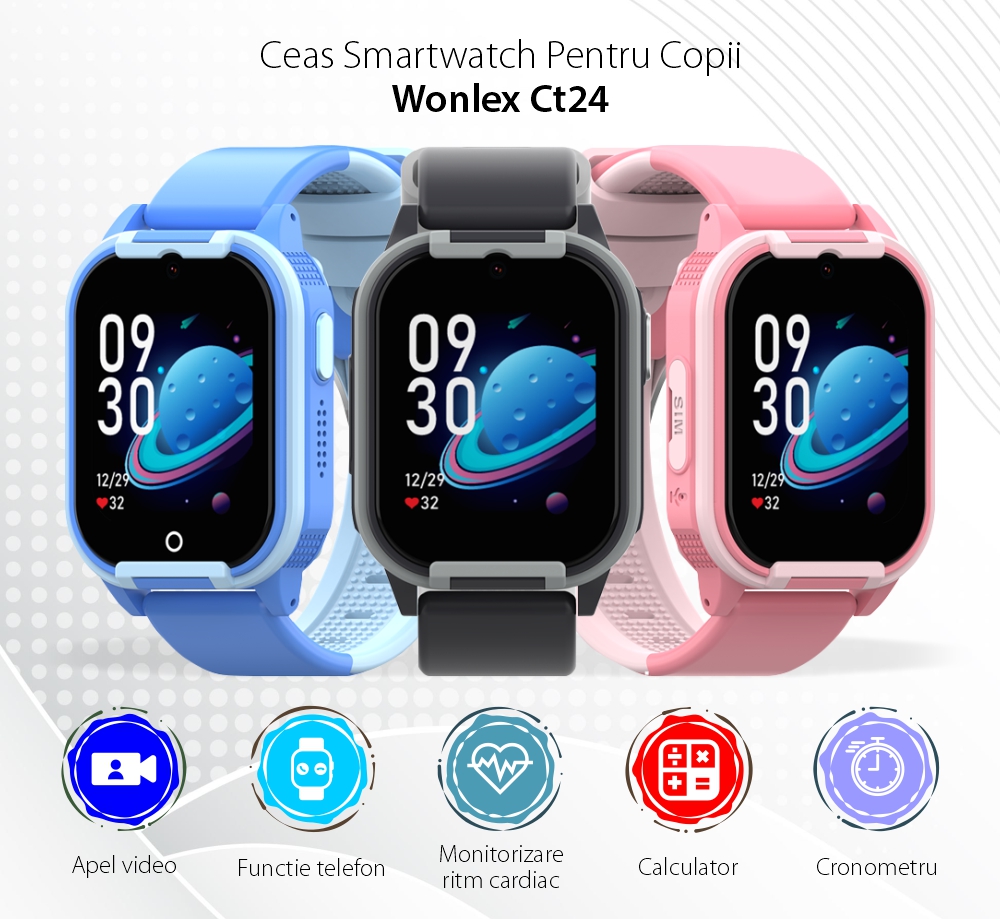 Ceas Smartwatch Pentru Copii Wonlex CT24 Premium Ultra Small, Localizare GPS, Functie telefon, Apel Video, Pedometru, Vibratii, Functii Sanatate, Albastru
