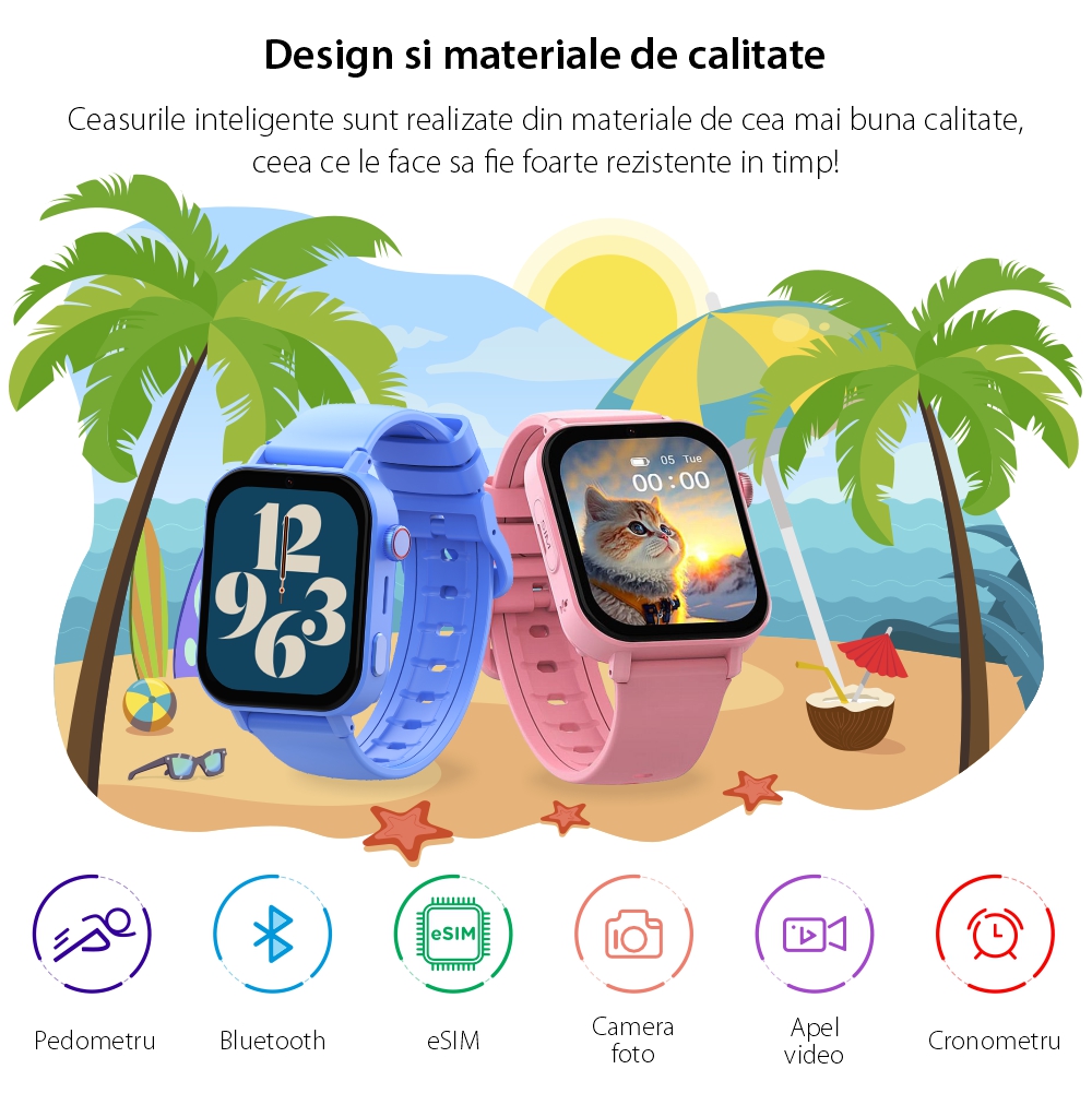 Ceas Smartwatch Pentru Copii Wonlex KT36 cu Functie Telefon, Contacte, Ultra Slim, 4G, e-SIM, Google Play, WhatsApp, model 2025, Albastru