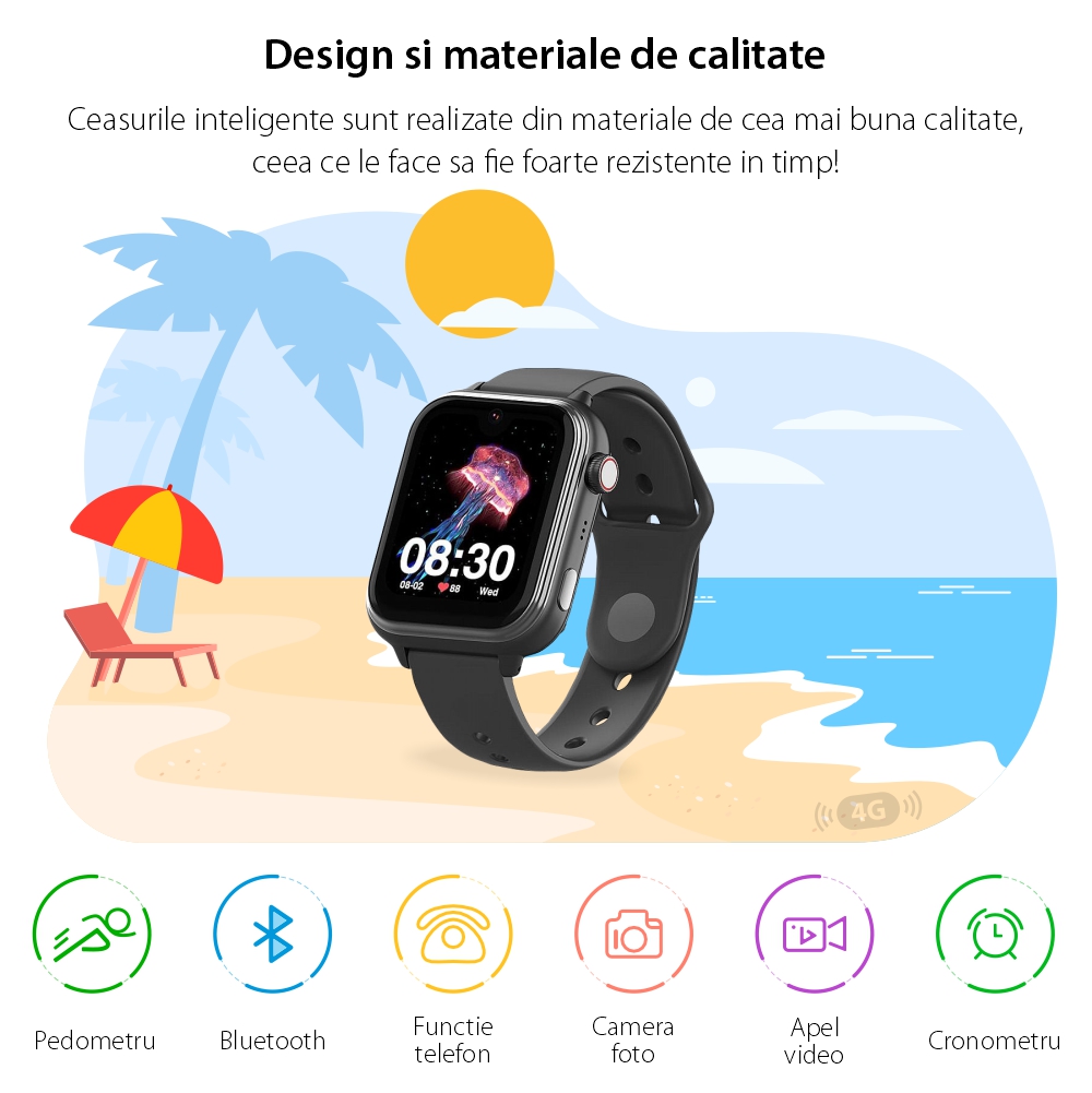 Ceas Smartwatch Pentru Copii Wonlex KT37 Ultra-Slim, AI, AMOLED, cu Functie Telefon, Localizare GPS, 4G, Magazin Aplicatii, Negru