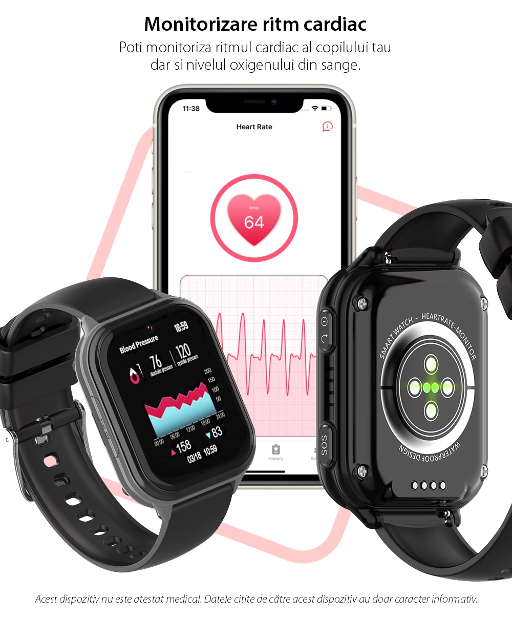 Ceas Smartwatch Pentru Copii Wonlex KT33 cu Functie telefon, 4G, Contacte, Camera Foto, Mesaje, Magazin Aplicatii, display AMOLED, Waterproof, Albastru