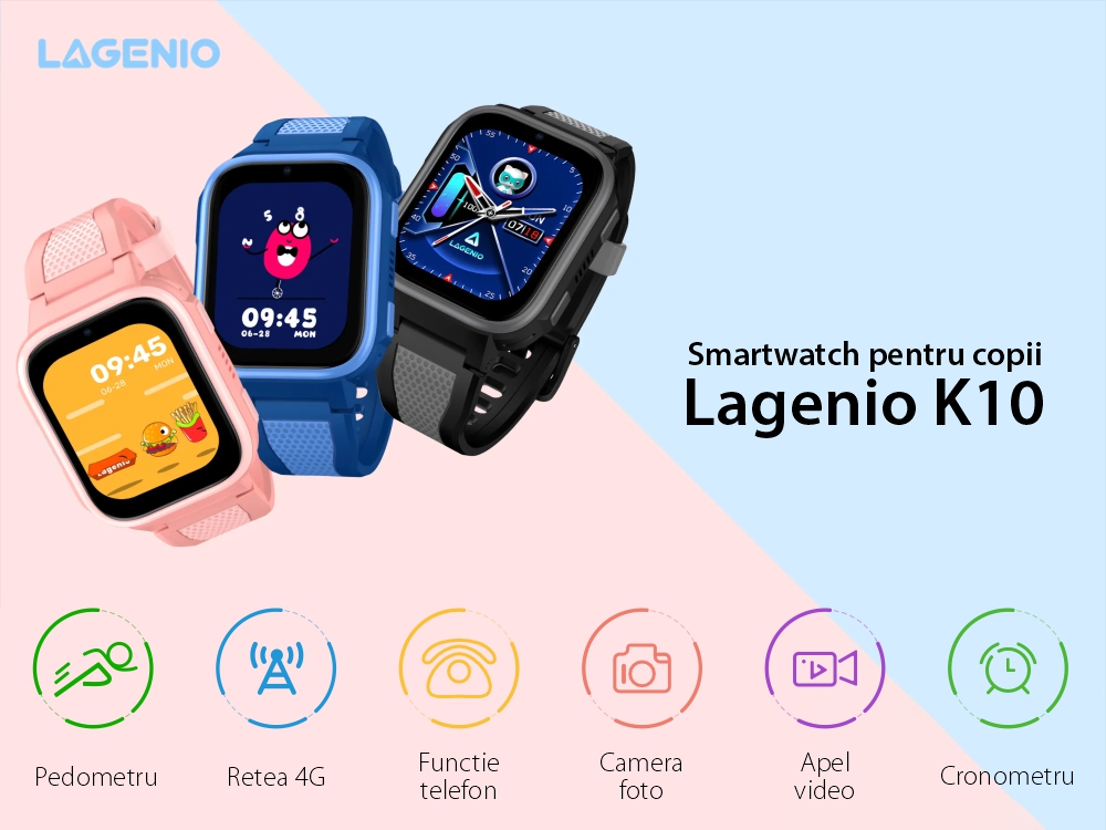 Ceas Smartwatch Pentru Copii LAGENIO K10, Model 2025, Premium 4G cu Functie Telefon & AI, Forma Slim, Localizare GPS, Control Parental, Buton SOS, Pasi, Alarma, Roz