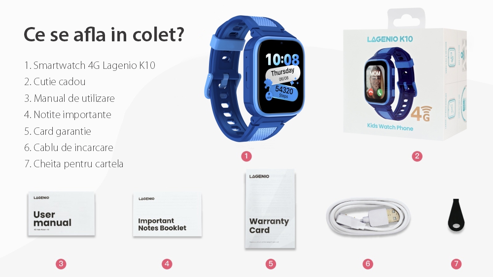 Ceas Smartwatch Pentru Copii LAGENIO K10, Model 2025, Premium 4G cu Functie Telefon & AI, Forma Slim, Localizare GPS, Control Parental, Buton SOS, Pasi, Alarma, Roz