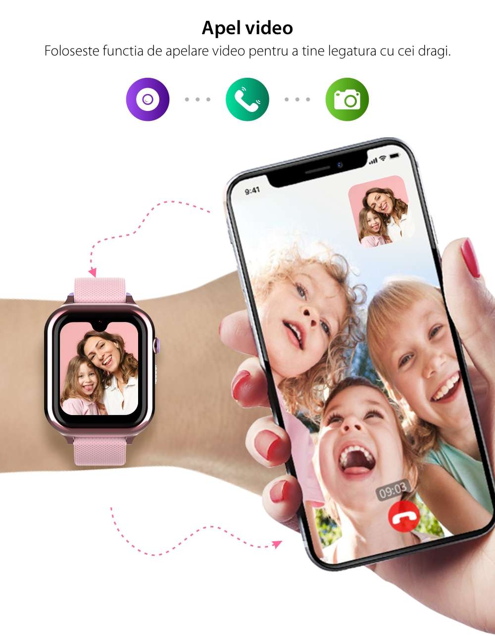 Ceas Smartwatch Pentru Copii Wonlex KT38 cu Functie Telefon, Contacte, Wi-Fi, Bluetooth, Camera 2MP, Mesaje, Galerie Foto, Roz